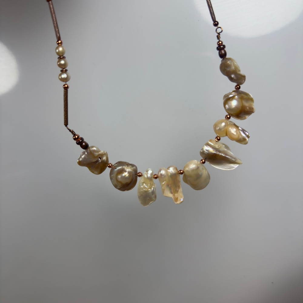 Artisan Keshi Pearl Statement Necklace Iridescent Copper Tone Toggle Clasp 18in - Picture 3 of 11